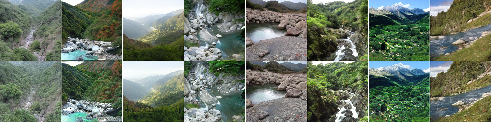 Class 979: valley generated samples: original decoder in the top row and LP-GANs in the bottom row.