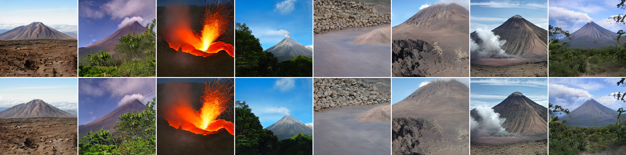 Class 980: volcano generated samples: original decoder in the top row and LP-GANs in the bottom row.