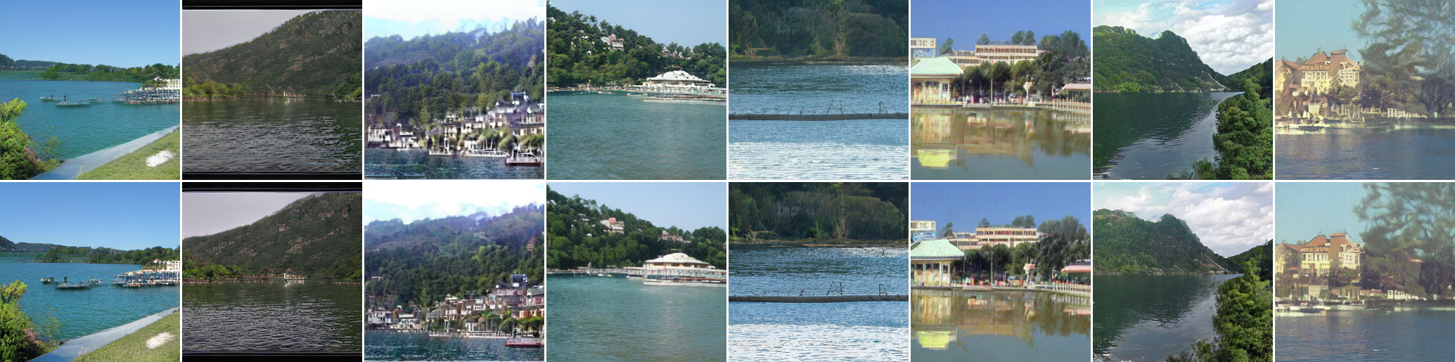 Class 975: lakeside generated samples: LP-GANs without paired supervision in the top row and with paired supervision in the bottom row.